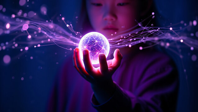 Child holding a glowing orb of light with interconnected particles and energy streams