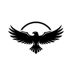 Fototapeta premium Dynamic vector illustration of an eagle in flight with wide-spread wings, set against a semi-circular background. 