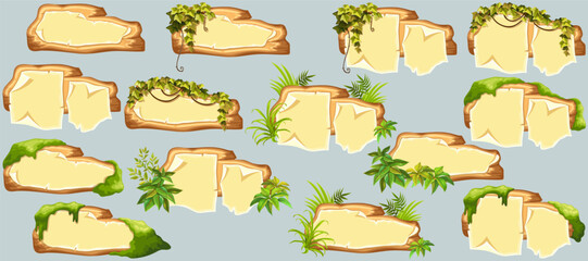 Wooden signboards with old paper, stems ivy, liana, grapes, vine, swamp moss, forest lichen. Set blank invitations, maps, jungle plants. 3d elements for messages, banners, notebooks, mobile games.