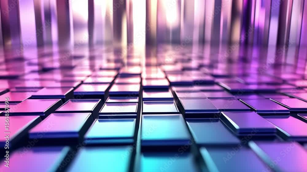 Poster a vibrant abstract pattern of glossy tiles in shades of purple and blue arranged in a grid, creating