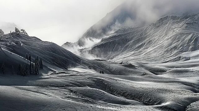 Snowy mountain valley, mist-filled, frigid landscape, winter scene