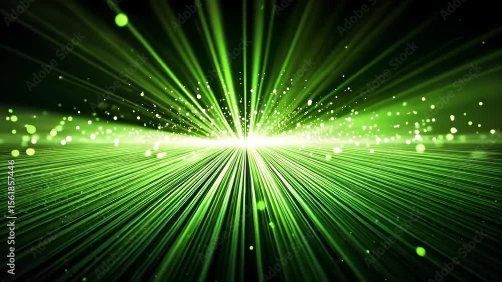 Poster a vibrant green abstract background featuring radiating light beams and sparkling particles, creatin