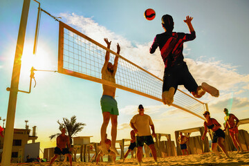 silhouette of beach Volleyball player on the beach in sunset