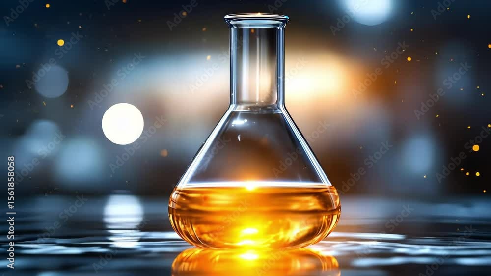 Poster a laboratory flask filled with glowing orange liquid, set against a blurred background with soft lig