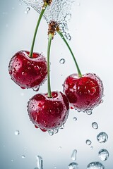Three red cherries, suspended in the air with water droplets on them, falling into clear, white water