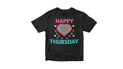 Black t-shirt with happy thursday text and colorful heart design for weekday celebration and positive vibes
