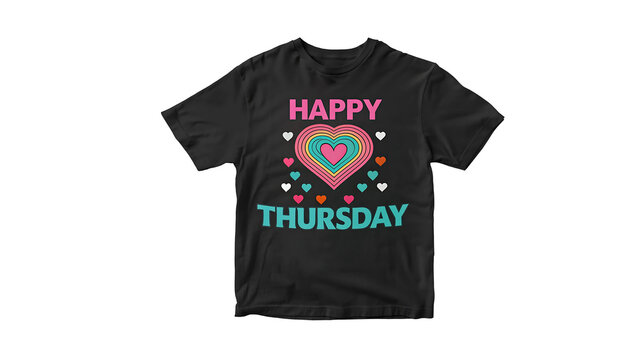 Black t-shirt with happy thursday text and colorful heart design for weekday celebration and positive vibes
