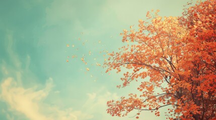 Retro Autumn Tree with Falling Leaves in a Surreal Sky evokes Nostalgia, Nature, and Calm in dreamy seasonal compositions.