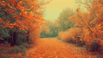 Retro Autumn Path through a Surreal Forest bathed in Golden Haze, evoking nostalgic serenity and warm seasonal magic.