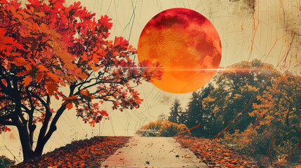 Retro Autumn Landscape with a Surreal Red Sun and Grunge Texture evokes a Moody, Vintage atmosphere of nostalgic fall serenity.