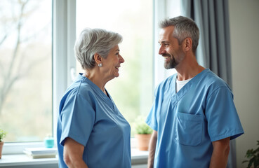 Obraz premium Happy senior woman nurse talking with a doctor. Friendly elderly patient and medic at nursing home. Healthcare professionals have conversation about patient health. Senior care, assistance.