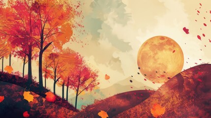 Surreal Retro Autumn Landscape with Vibrant Trees and a Dreamlike Moon evokes nostalgic warmth and artistic seasonal storytelling.
