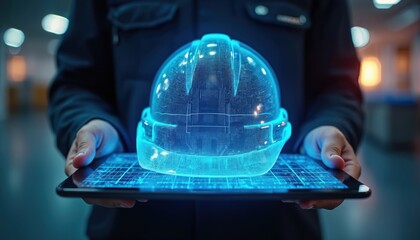 Holographic hard hat displayed on tablet screen. Concept of construction industry, engineering innovation, virtual safety. Interface, augmented reality tech, futuristic design for workplace