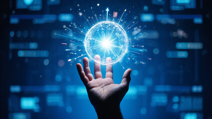 Hand holding glowing sphere with data streams against futuristic blue digital background