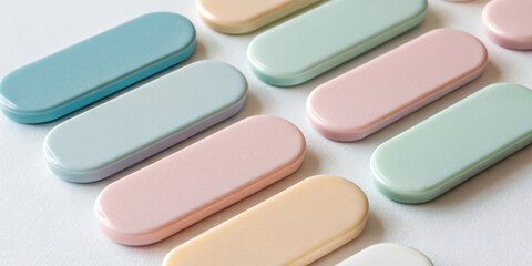 Pastel-colored oblong containers arranged neatly on a surface.
