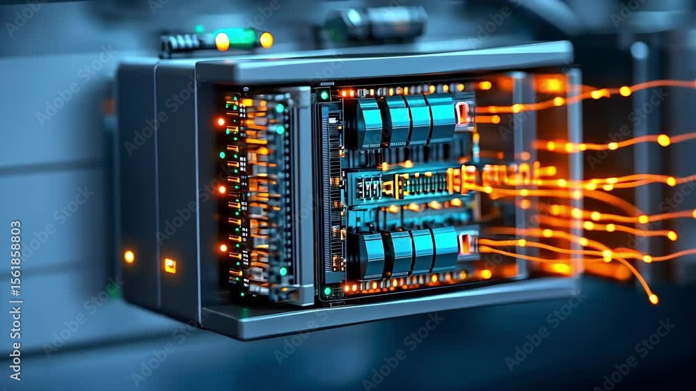 Poster a close-up of a futuristic electronic circuit board with glowing connections and components, illustr