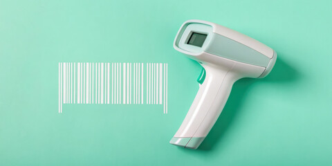 Barcode scanner on a mint green background with barcode illustration.