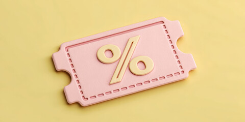 Discount ticket with a percentage symbol on a yellow background.