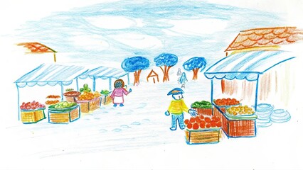 A crayon drawing of a market scene with people and fruit stands under blue trees