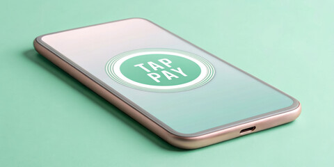 Smartphone displaying a tap-to-pay graphic on a mint green background.