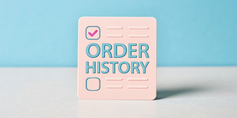 Order history graphic with checkmark on a pastel background.