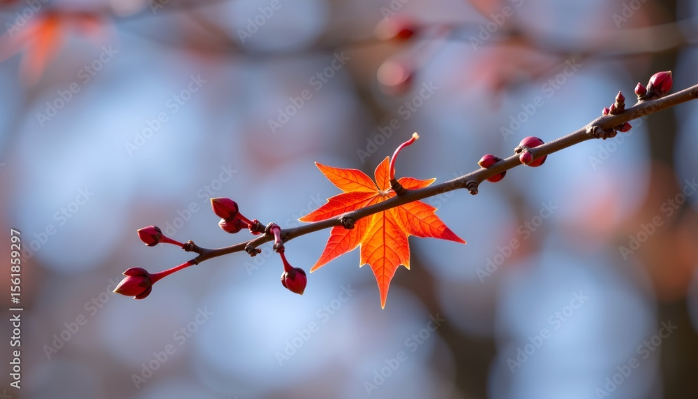Poster a vibrant red maple leaf on a delicate branch with budding flower and blurred background