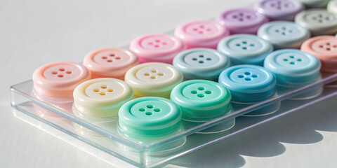 Colorful buttons arranged neatly in a transparent container.