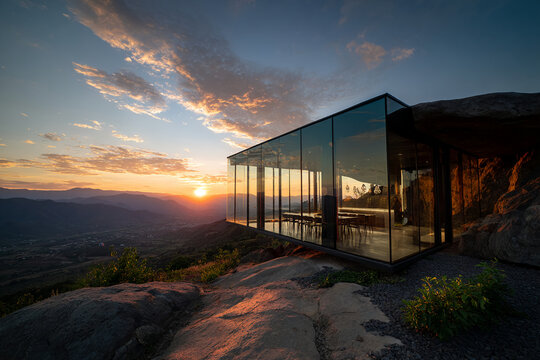 Cantilevered glass room overlooking a valley during golden hour, interior visible through transparent facade