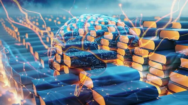 Rotating stylized brain responding to neon pulse through network grid, with glowing data strands