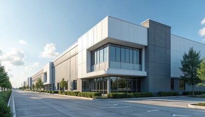 Modern industrial building with landscaping, parking lot, clear blue sky. Exterior design of office, warehouse factory with green trees, parking space. Urban development, real estate, business