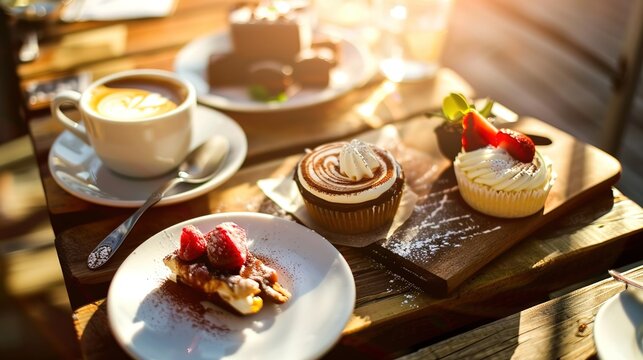 Under the gentle caress of sunlight, coffee and desserts come alive in a mesmerizing display. The warm rays dance upon latte art, glisten on glossy pastries, and infuse every sip and bite with a touch