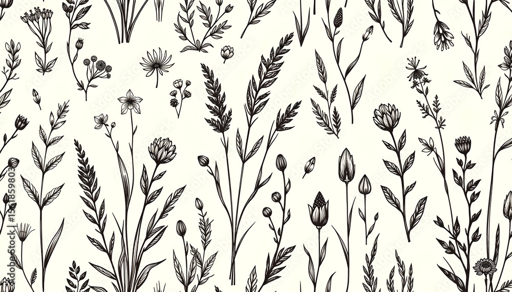 Poster a intricate botanical pattern featuring various wildflower and herb with delicate lines on light cre