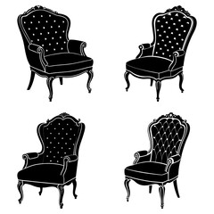 Four black ornate armchairs with tufted backs and curved legs are arranged on a white background in a pattern