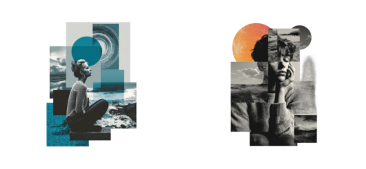 Reflective portraits of a woman amidst artistic abstractions contemporary art urban setting creative perspective cut out set png