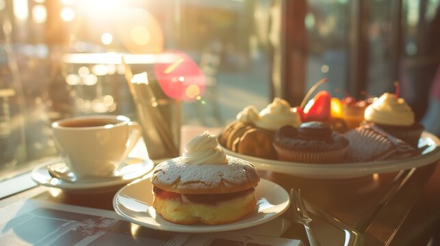 Under the gentle caress of sunlight, coffee and desserts come alive in a mesmerizing display. The warm rays dance upon latte art, glisten on glossy pastries, and infuse every sip and bite with a touch