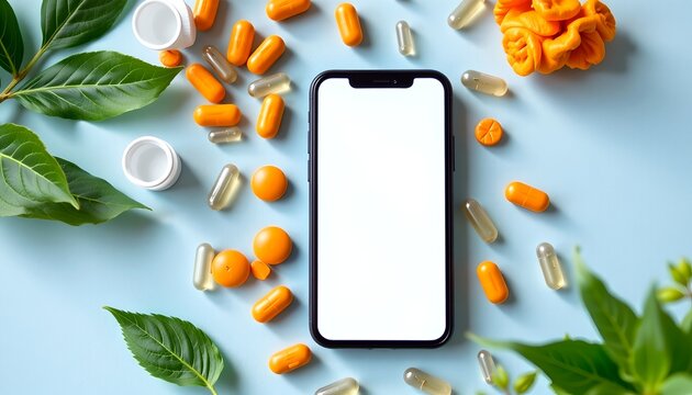 a smartphone surrounded by pills and plants, a concept of health app 