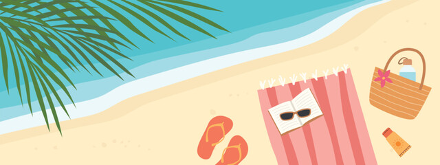 summer banner with tropical beach and towel, book, sunglasses, flip flops, water bottle and SPF cream; perfect for vacation-themed graphics, travel promotions, or seasonal marketing materials