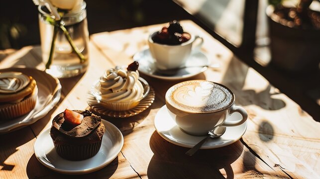 Under the gentle caress of sunlight, coffee and desserts come alive in a mesmerizing display. The warm rays dance upon latte art, glisten on glossy pastries, and infuse every sip and bite with a touch