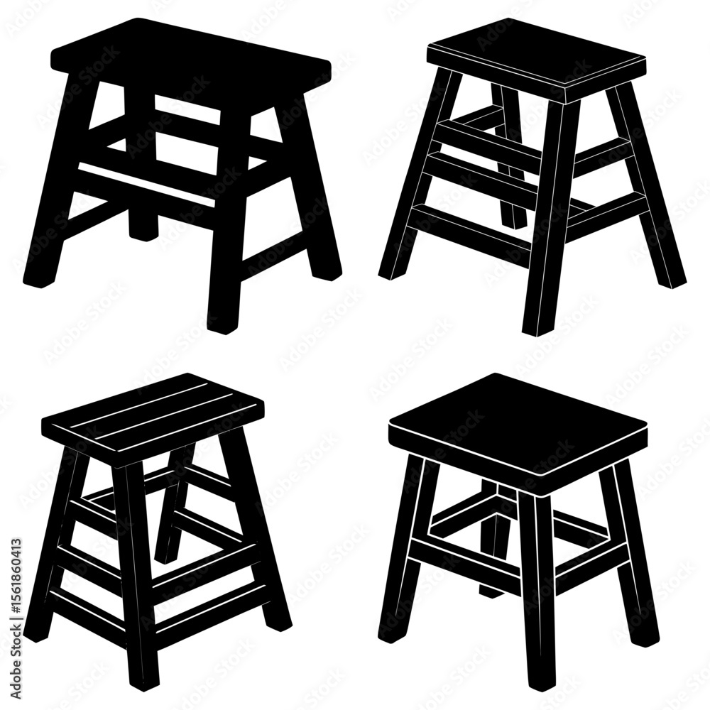 Aufkleber four black and white stools of varying designs arranged in a grid pattern on a white background view