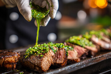 Close-up of gloved chef’s hands drizzling bright green chimichurri over grilled steak slices