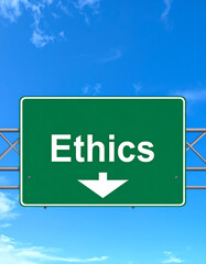 Road sign to ethics, similar to freeway, highway exit with text, white font on green, ethical way, direction