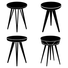 Illustration of four small round tables with three legs in black and white minimalist style
