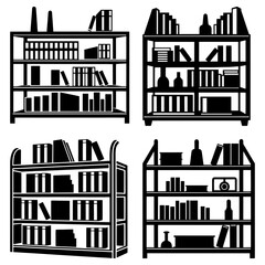 Fototapeta premium Four different bookshelves filled with books and decorative objects in a simple black silhouette style