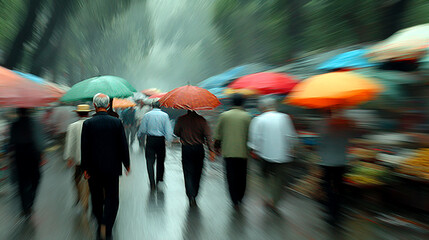 A vibrant blur of pedestrians and umbrellas navigate a rainy urban landscape with dynamic energy.