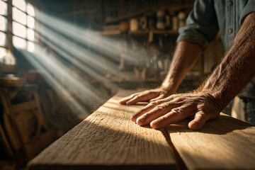 Close-up of rough hands sanding a plank of wood in dusty workshop, sunlight streaking through window blinds
