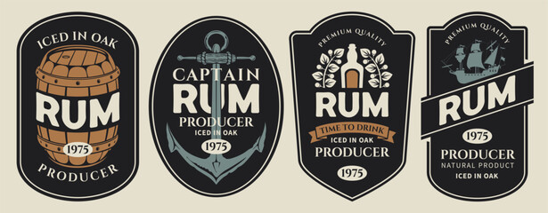 Vector set of banners or labels for a bottle of rum on an old paper background. With a barrel, ship, anchor, corkscrew, laurel wreath. Logo in vintage style. Coaster. AI is not used