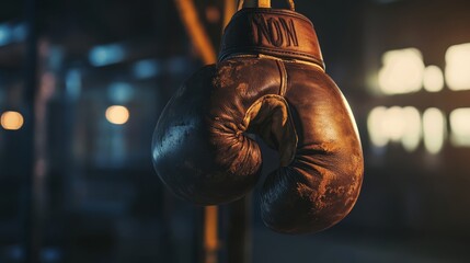 Worn Leather Boxing Gloves Hanging at Night in Urban Setting