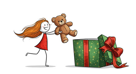 Stick figure drawn girl overjoyed with her stuffed bear toy she got in her big Christmas gift box - isolated white background cartoon illustration