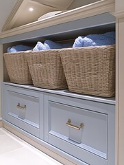Wicker baskets filled with blue towels above painted storage drawers