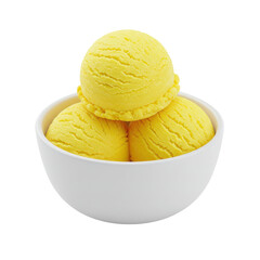 Three Scoops of Bright Yellow Ice Cream in a White Ceramic Bowl